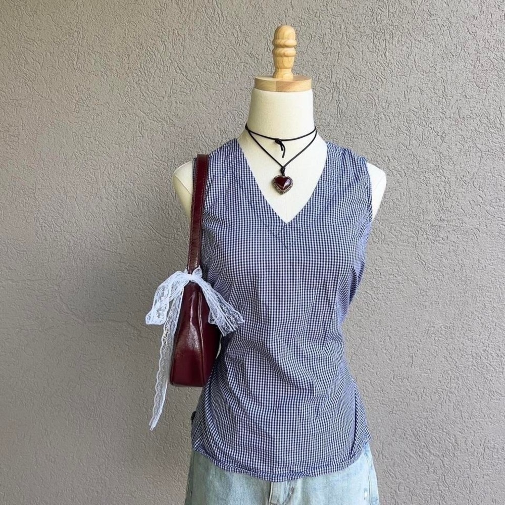 Blue & White Gingham Tie Back Tank Top Size XS 100% Cotton Preppy Cottage